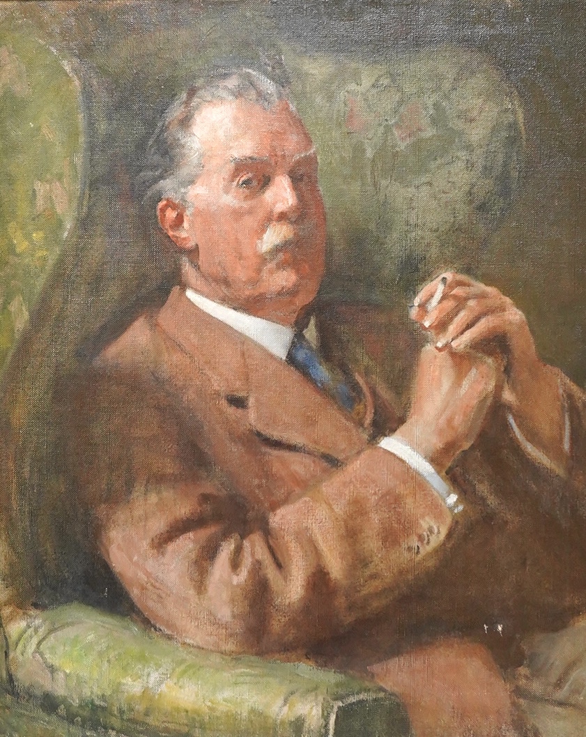 Attributed to Collier Smithers, Portrait of a seated gentleman, Wilfred Smithers, smoking, unsigned, oil on canvas, 75 x 60cm
